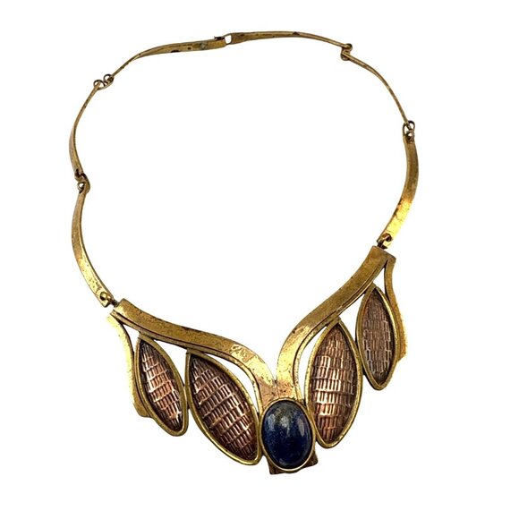 Vintage Brass Copper Statement Necklace Lapis Lazuli Centerpiece - Picture 1 of 7